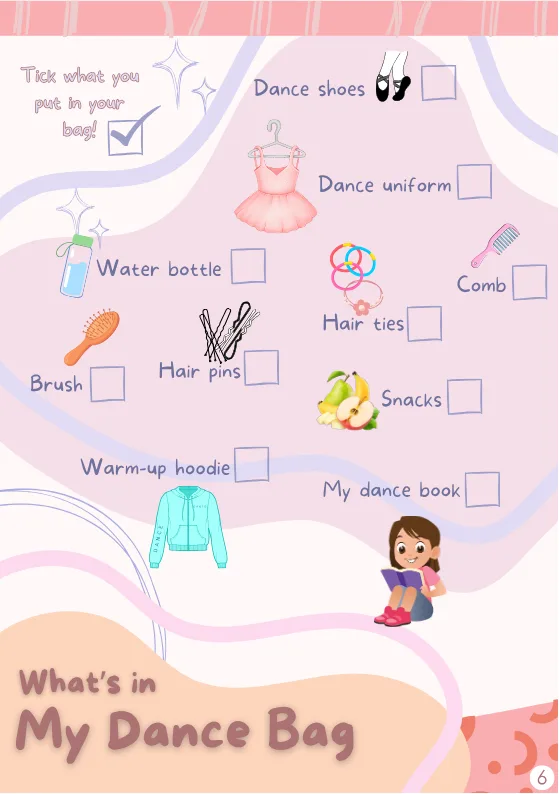 Interior workbook page: a 'What's in My Dance Bag' checklist activity that keeps students organised and engaged between classes