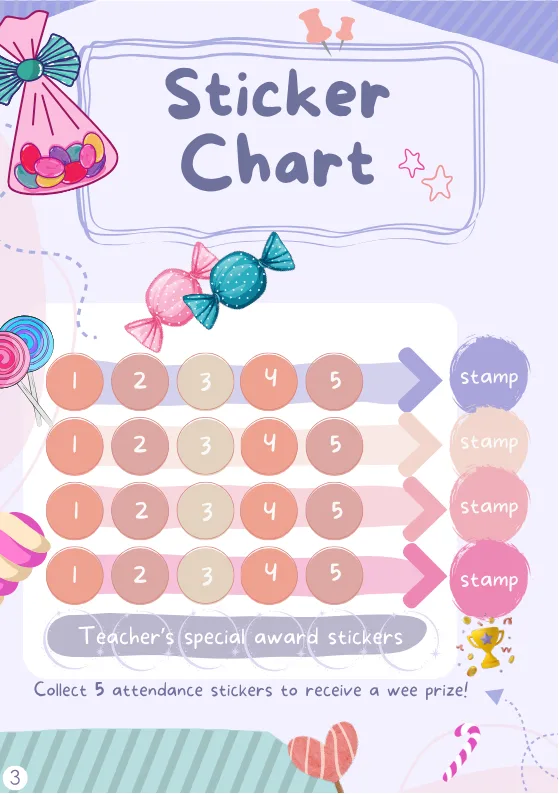 Sticker reward chart page from the workbook, used to track student progress and celebrate milestones